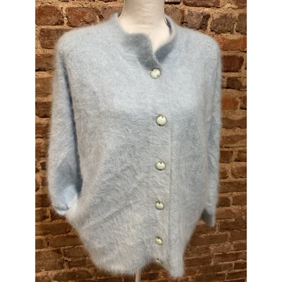 RARE Connie A Lee Blue Fluffy Fuzzy Vintage Angora Cardigan Sweater XL Pockets - Picture 1 of 10
